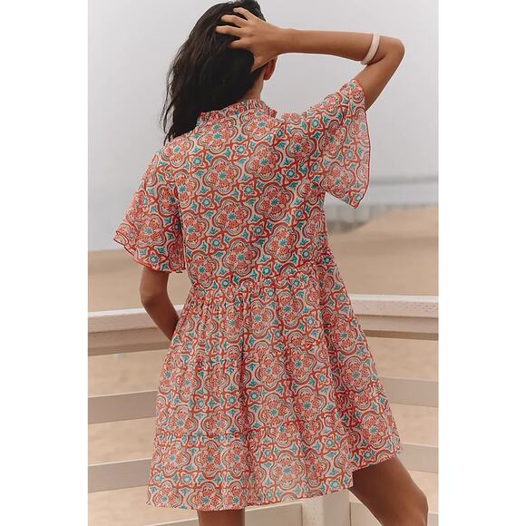 Anthropologie Ro's Garden Vibeka Mini v neck Dress Light Red Small A004476 - Picture 2 of 11